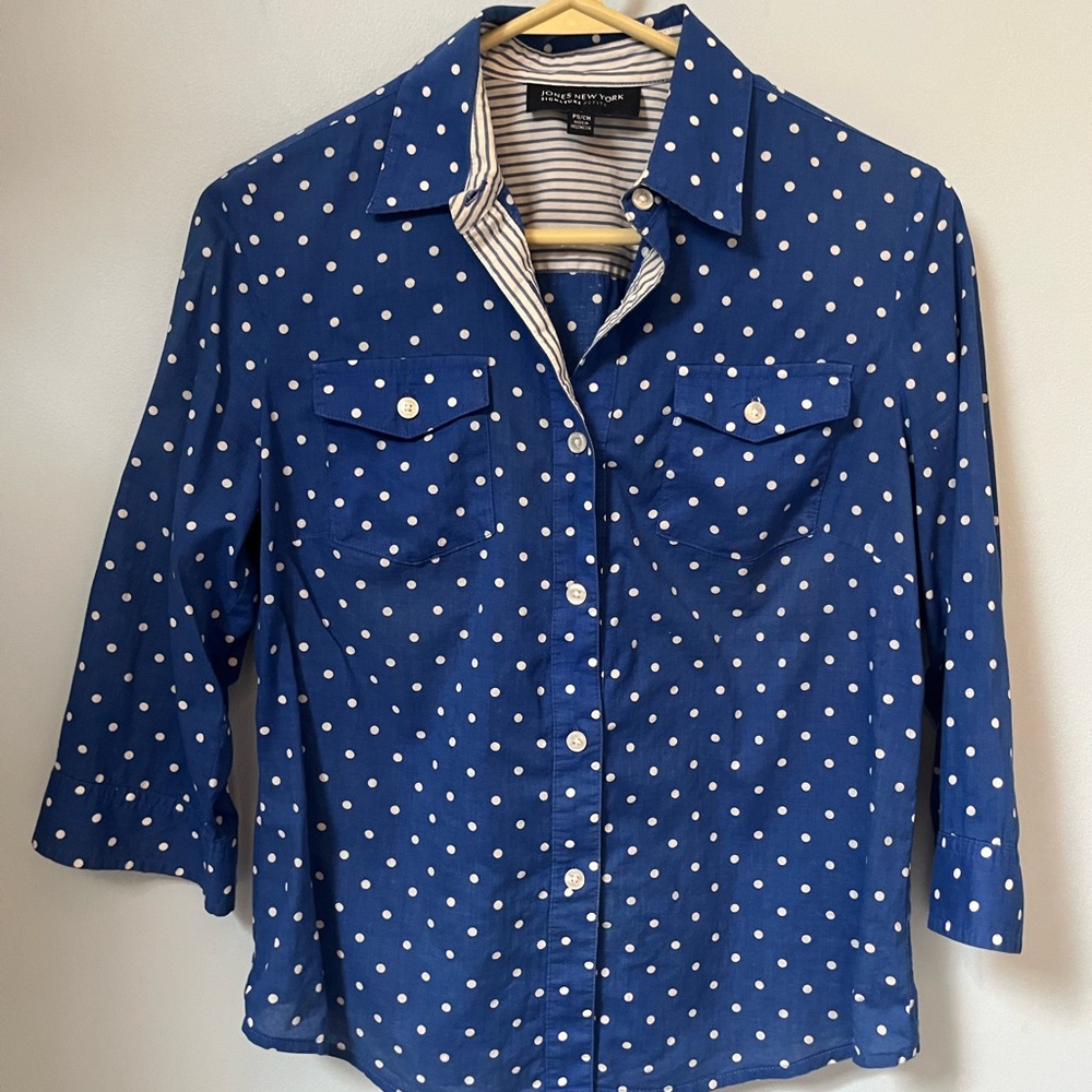Blue Polka Dot Kids Shirt by‎ Jones New York | Women's Petite Small